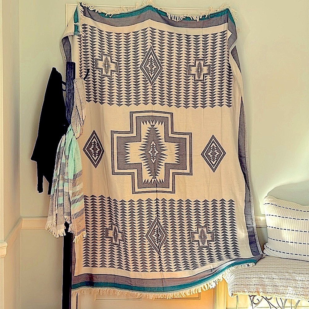 La Jolla SxSW Blanket Anthropologie Organic Cotton Natural Gray Turquoise 2 Side